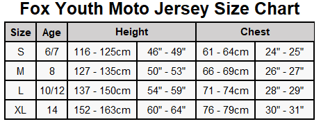 Fox Youth Size Chart