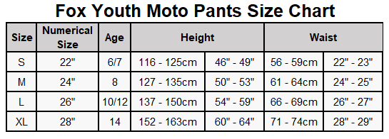 Fox Racing Youth Pants Size Chart