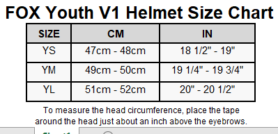 Fox Racing Youth Helmet Size Chart