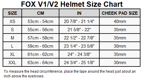 Fox Racing Youth Helmet Size Chart