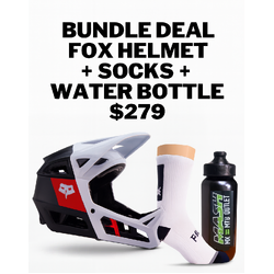 Fox Proframe RS White Helmet + Socks + Drink Bottle Bundle Deal